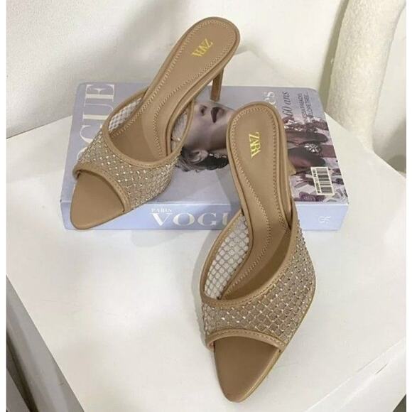 ZARA Embellished Mesh Slide Heels Nude Tan Size 8 NWT - Picture 7 of 16